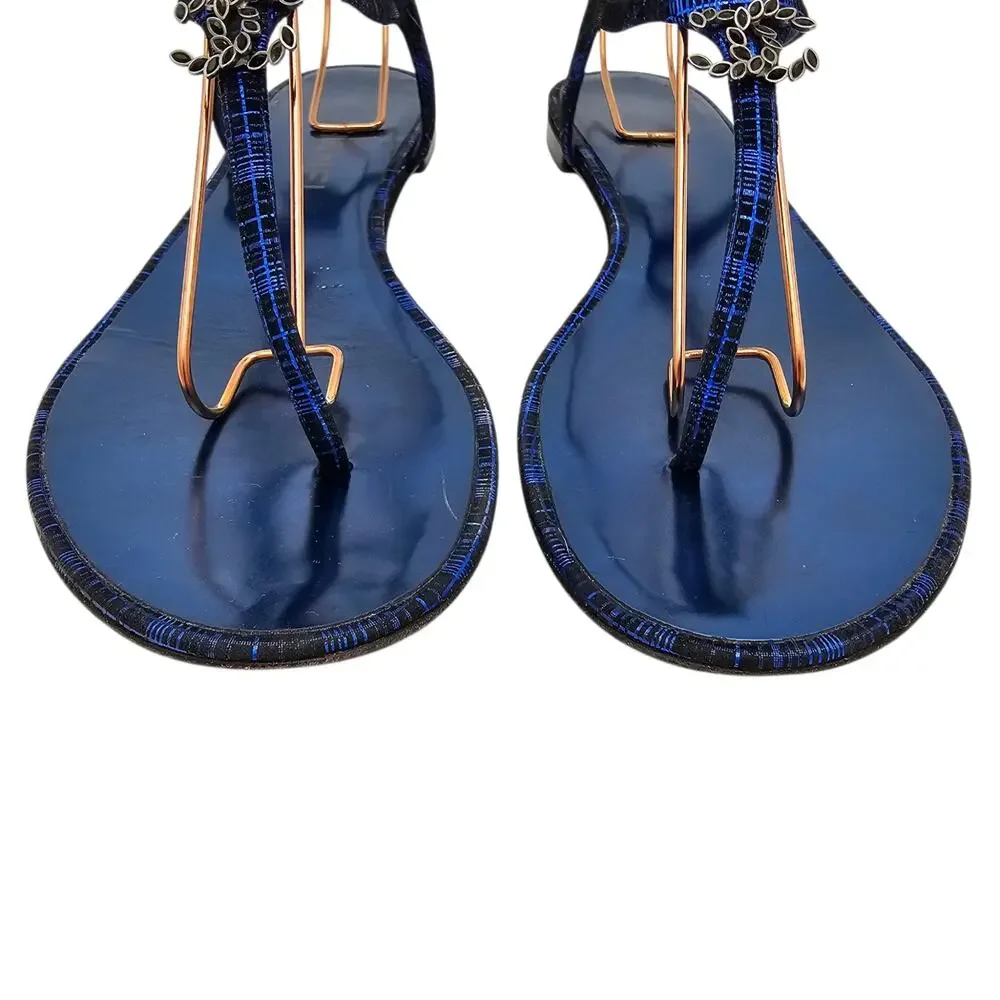 Chanel CC Flat Thong T Strap Sandal Blue Leather Black Silver Size 40 C US 9 9.5